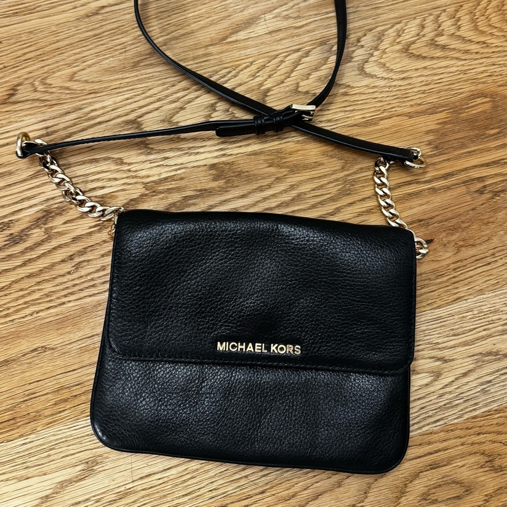 Michael Kors Black Leather Crossbody with Gold Chain Accent